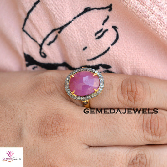 Genuine Ruby Gemstone Ring, 925 Sterling Silver Jewelry, 14k Gold Plated Ring, Pave Diamond Jewelry, Wedding Gift Jewelry, Gemstone Jewelry