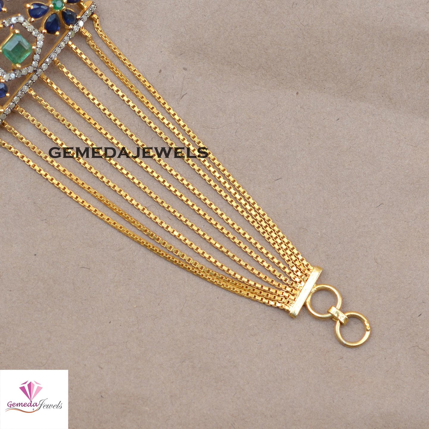 Natural Emerald Bracelet, Sapphire Flower Bracelet, 925 Silver Gold Plated Link Chain Clasp Lock Bracelet, Pave Diamond Jewelry Wedding Gift