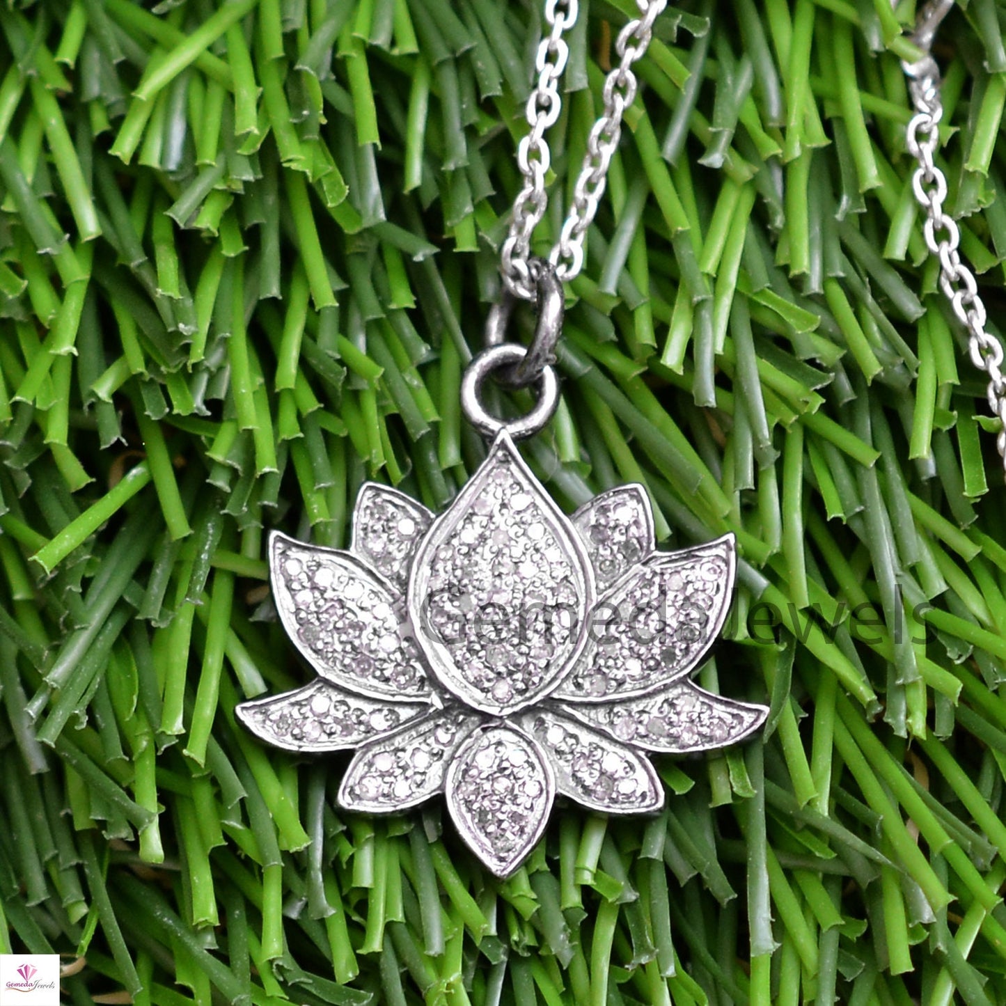 Pave Diamond Lotus Flower Pendant, 925 Sterling Silver Jewelry, Diamond Jewelry, Diamond Flower Jewelry, 16" Silver Chain Necklace, Gifts