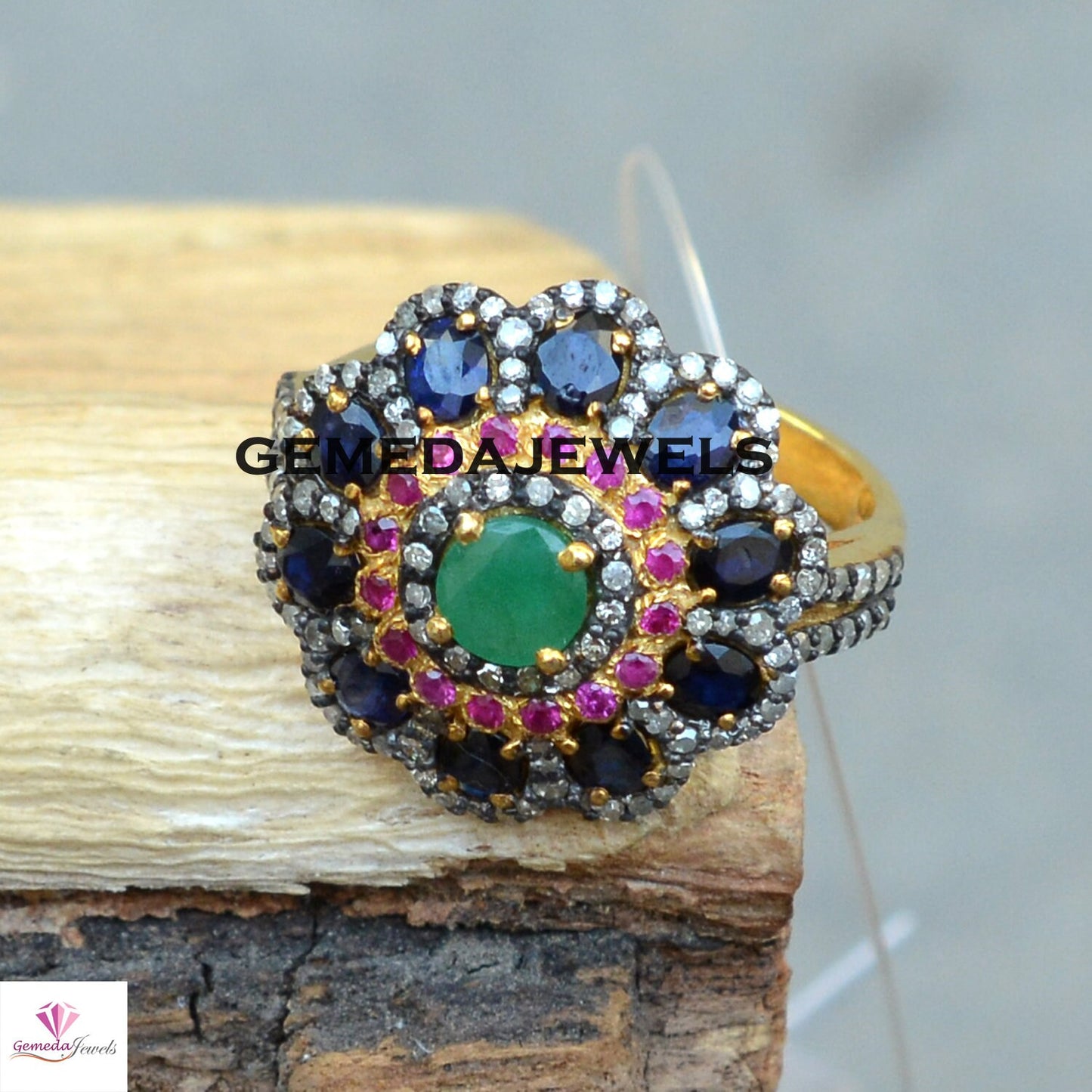 Emerald Gemstone Ring, Sapphire Floral Ring, Ruby Gemstone Ring, Pave Diamond Jewelry, Gemstone Diamond Ring, 925 Silver Gold Filled Jewelry