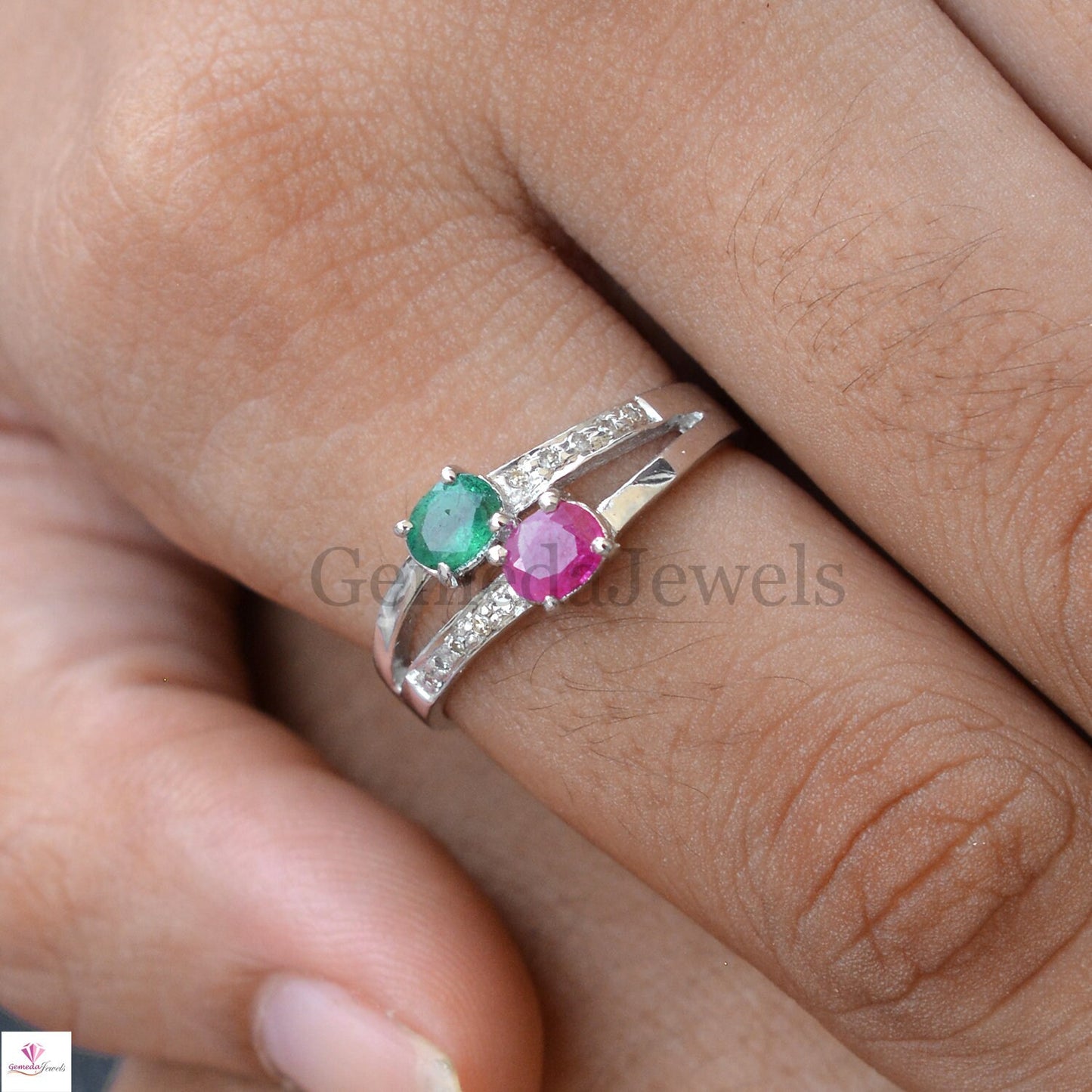 Emerald Ruby Gemstone Silver Ring, Pave Diamond Ring, 925 Sterling Silver Jewelry, Gemstone Ring Jewelry, Engagement Ring, Stacking Ring