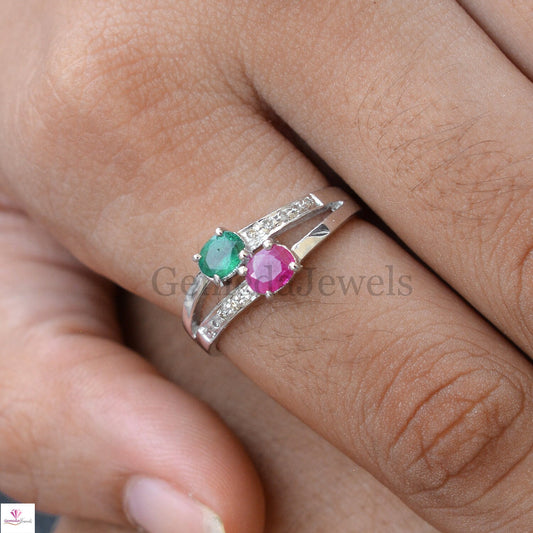 Emerald Ruby Gemstone Silver Ring, Pave Diamond Ring, 925 Sterling Silver Jewelry, Gemstone Ring Jewelry, Engagement Ring, Stacking Ring