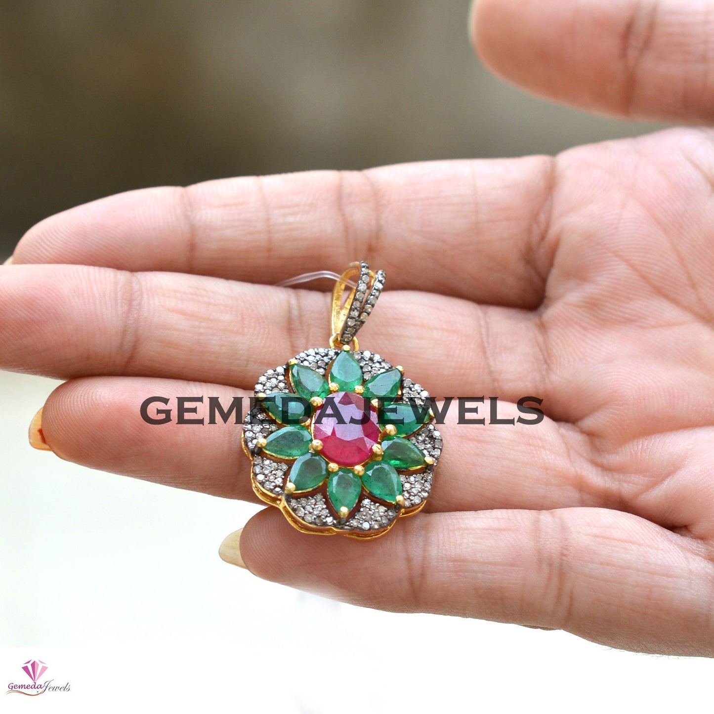 Red Ruby Pendant, Emerald 925 Silver Pendant, Pave Diamond Jewelry, Gemstone Floral Pendant, 16" Chain Pendant Necklace, Gold Plated Jewelry