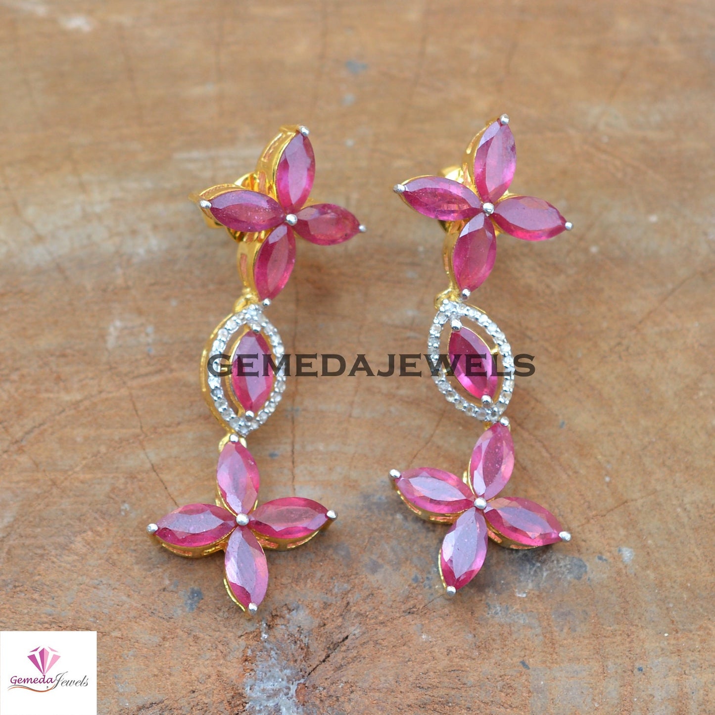 Sale!! Ruby Jewelry Set, Gemstone Flower Jewelry, Pave Diamond 22" Necklace, Earrings Necklace Jewelry Set, 925 Silver Jewelry, Gift For Her