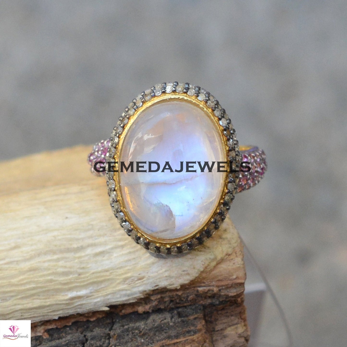 Rainbow Moonstone Ring, Pave Diamond Ring, Ruby Gemstone Ring, 925 Silver Jewelry, Gold Plated Ring, Moonstone Ring Jewelry, Wedding Gifts