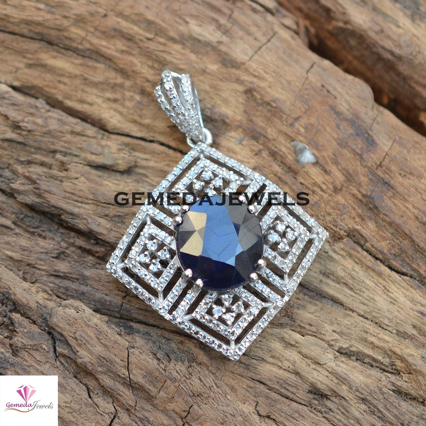 Sparkling Blue Sapphire Pendant, 925 Sterling Silver Jewelry, Pave Diamond Pendant, Gemstone Silver Jewelry, 16" Link Chain Pendant Necklace