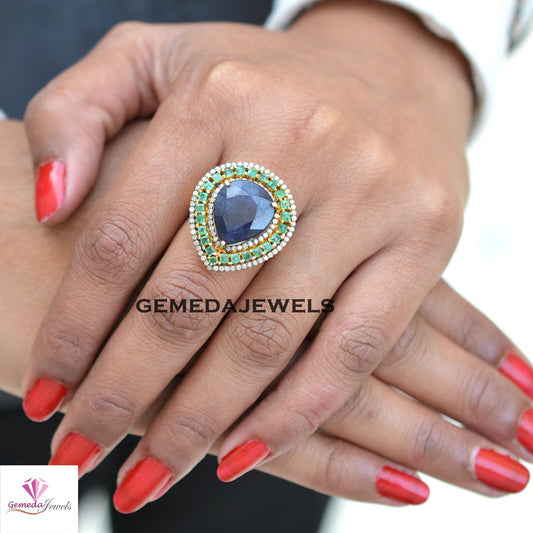 Sale! Dazzling Sapphire Gemstone Ring, Emerald 925 Silver Ring, Pave Diamond Jewelry, 14k Gold Plated Ring Jewelry, Women's Gift Jewelry