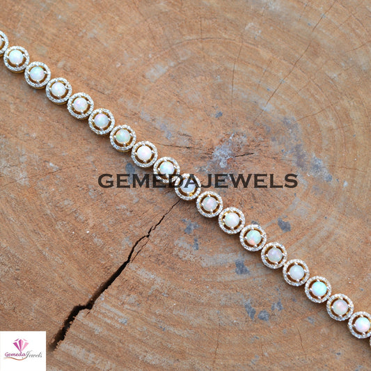Classic Opal Gemstone Bracelet, 925 Silver Jewelry, 14k Gold Vermeil Bracelet, Pave Diamond Bracelet, Gemstone Silver Jewelry, 8" Bracelet