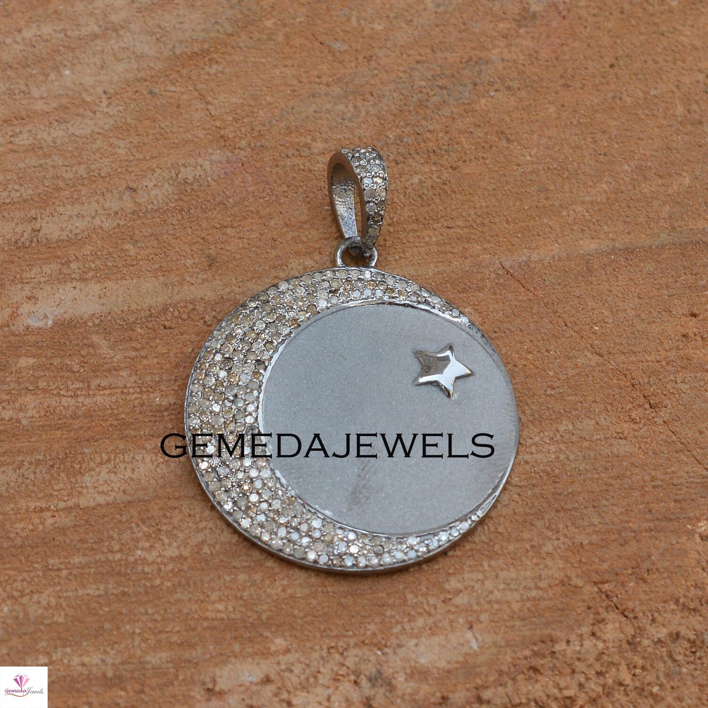 Pave Diamond Pendant, Diamond Crescent Moon Charm Pendant, 925 Silver Star Jewelry, Diamond Necklace, 16" Silver Chain, Wedding Jewelry