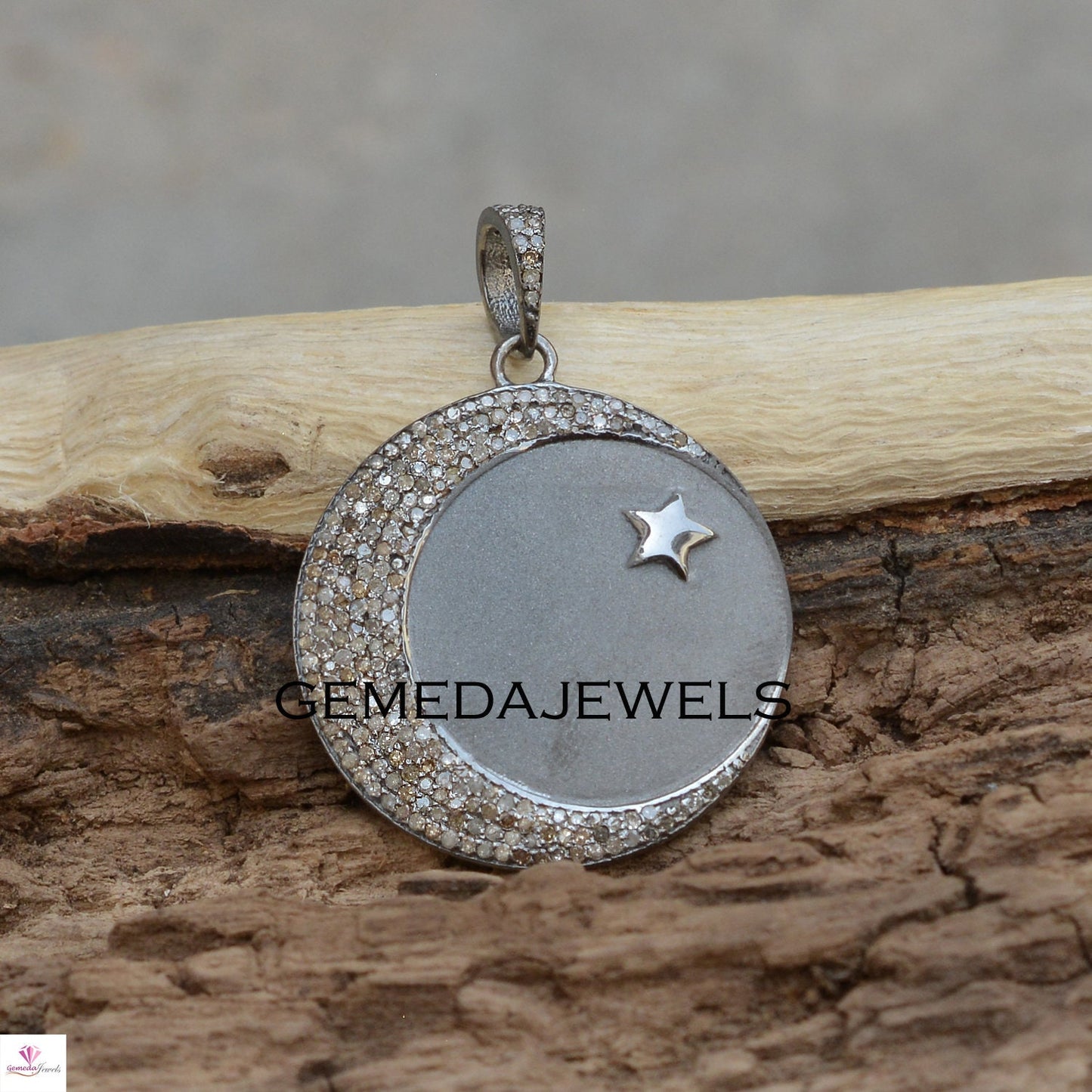 Pave Diamond Pendant, Diamond Crescent Moon Charm Pendant, 925 Silver Star Jewelry, Diamond Necklace, 16" Silver Chain, Wedding Jewelry