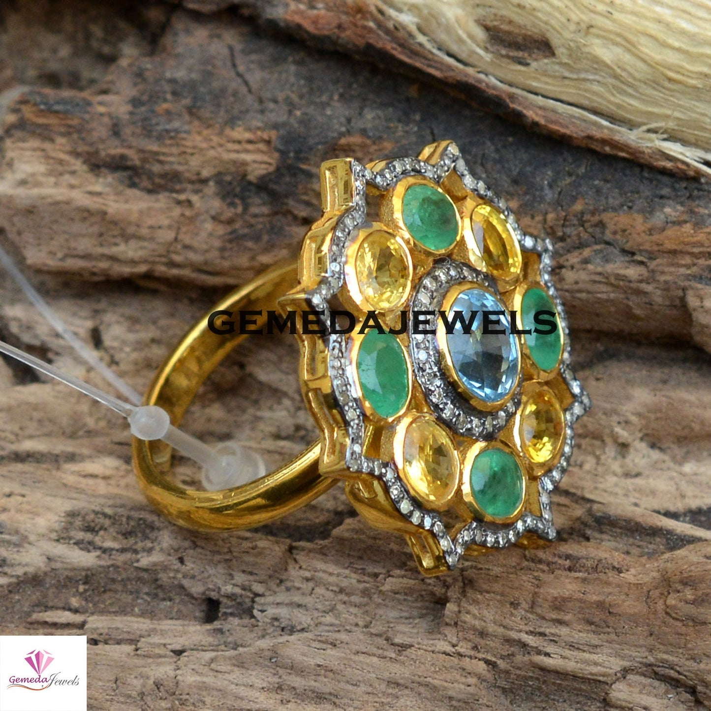 Blue Topaz Ring, Emerald Gemstone Ring, Citrine Ring, Pave Diamond Jewelry, 925 Silver Flower Ring, 14k Gold Vermeil Jewelry, Wedding Gifts