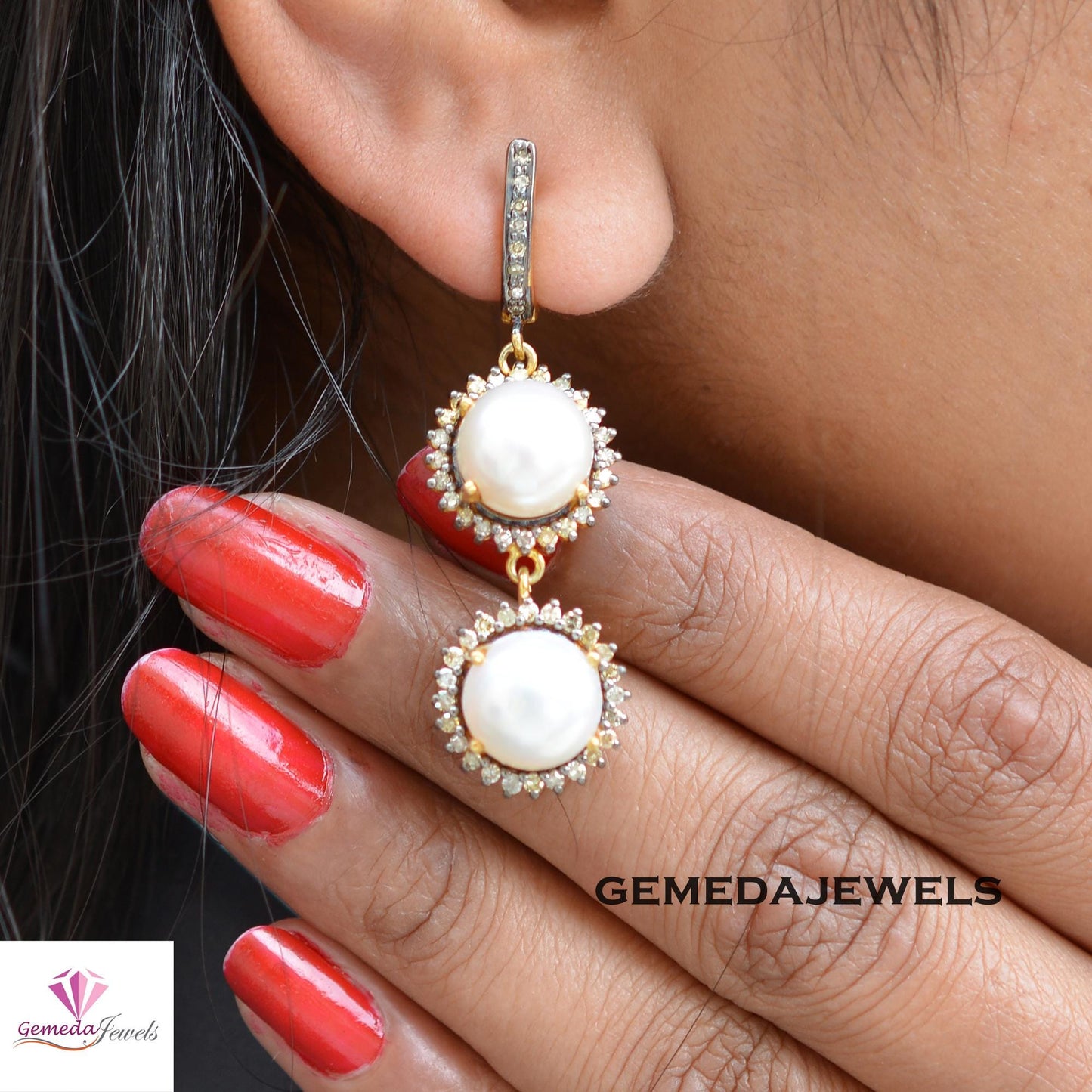 Charming White Pearl Earrings, Dazzling Pave Diamond Jewelry, Sterling Silver Jewelry, 14k Gold Vermeil Earrings, Gemstone Earring, Wedding