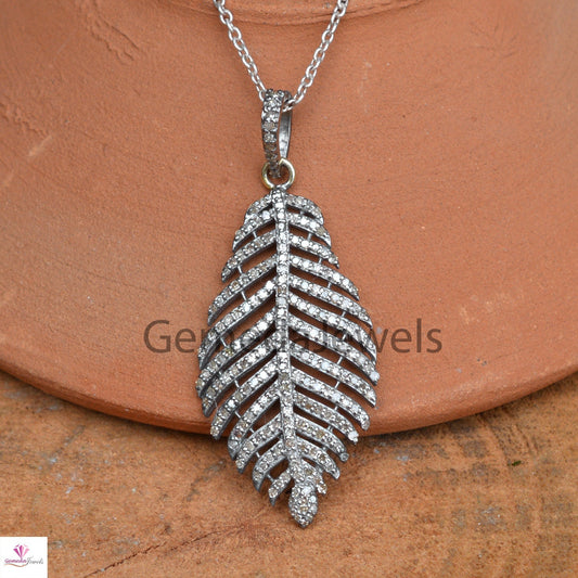 1.33Cts Genuine Pave Diamond Pendant, Diamond Feather Jewelry, Sterling Silver, Leaf Diamond Jewelry, 16" Chain Leaf Pendant Necklace, Gifts