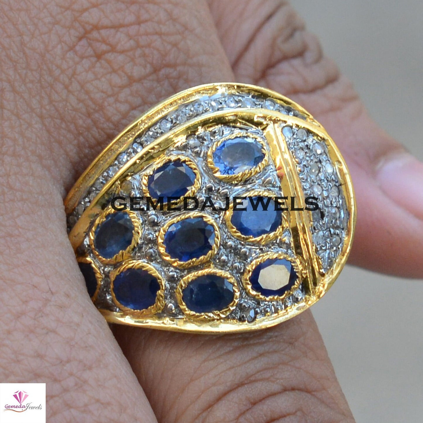 Blue Sapphire Ring, Gemstone Silver Jewelry, Pave Diamond Ring, Sapphire Gemstone Ring, 925 Silver Jewelry, Gold Plated Ring, Gifts For Her