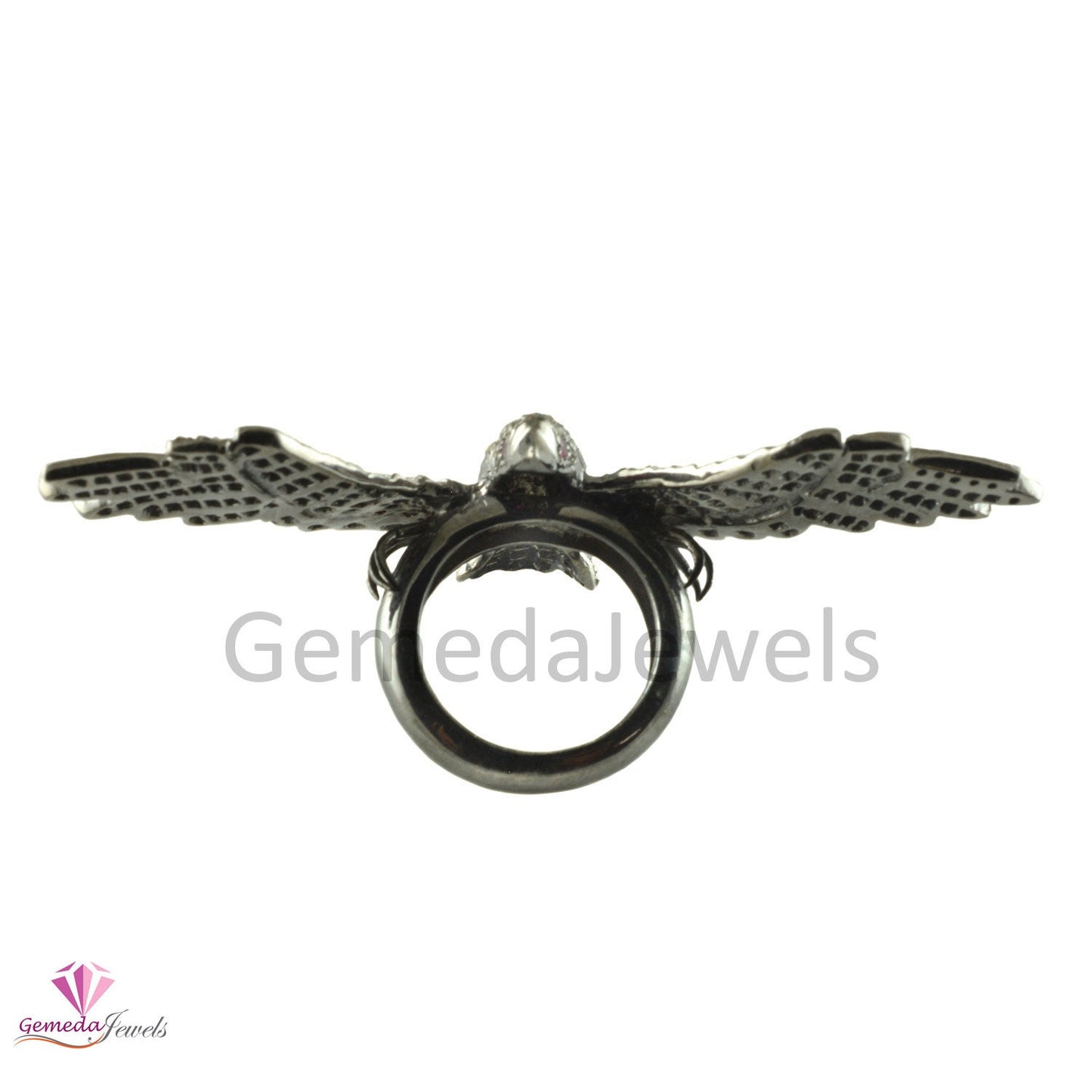 Solid 925 Silver Ring Jewelry, Real Pave Diamond Red Eye Eagle Ring, Diamond Bird Ring, Rhodium Plated Jewelry, Ruby Gemstone Ring, Gifts