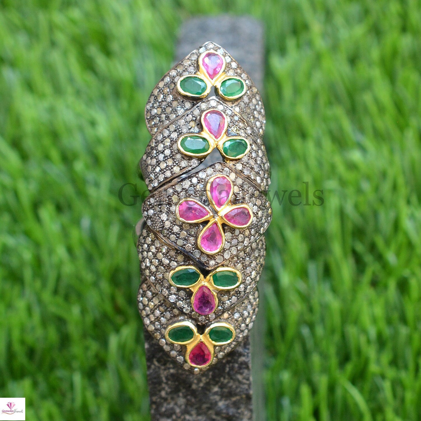 Natural Pave Diamond Gemstone Knuckle Ring, Ruby Emerald Flower Ring, Pave Diamond Full Finger Knuckle Ring, Handmade Jewelry, Gift For Her