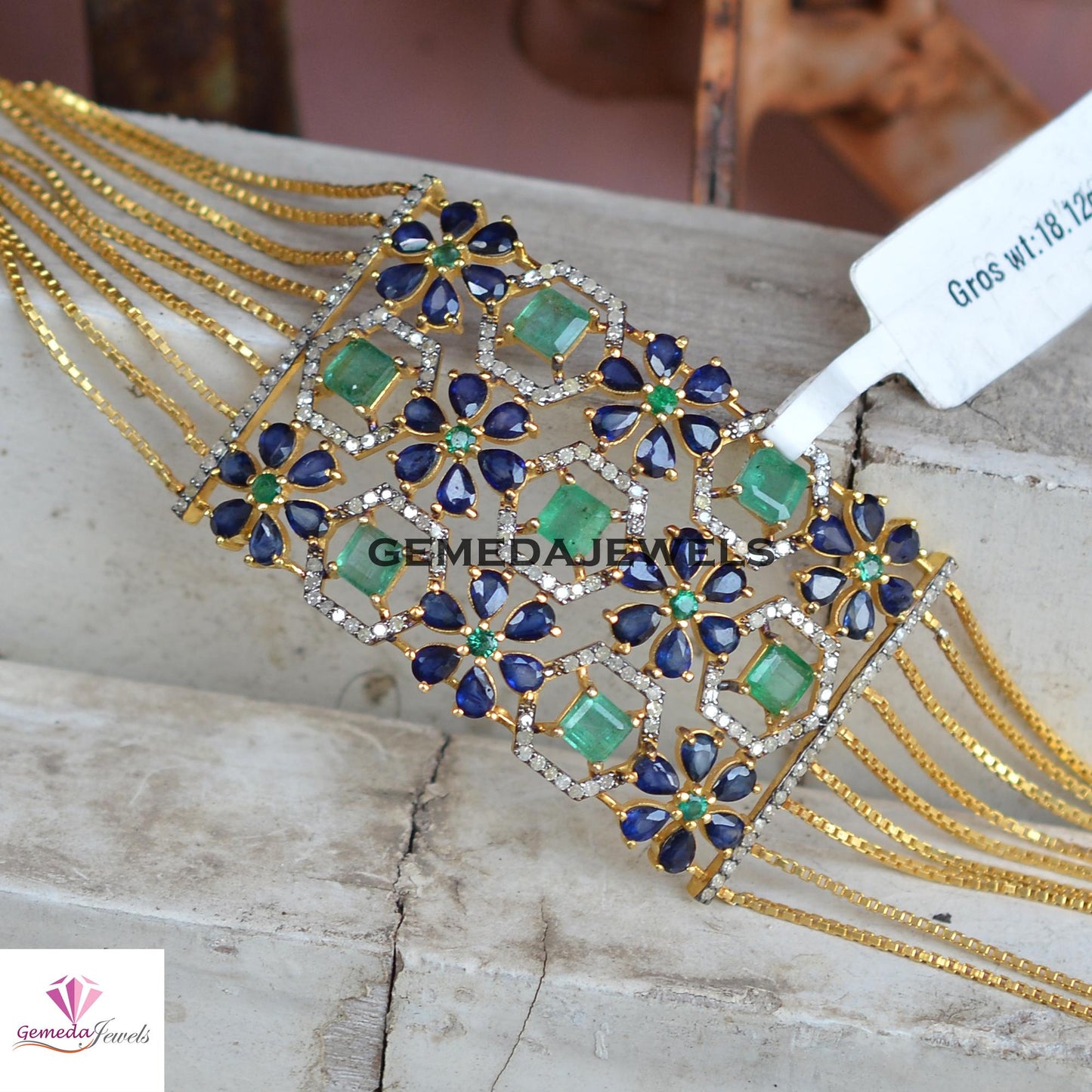 Natural Emerald Bracelet, Sapphire Flower Bracelet, 925 Silver Gold Plated Link Chain Clasp Lock Bracelet, Pave Diamond Jewelry Wedding Gift