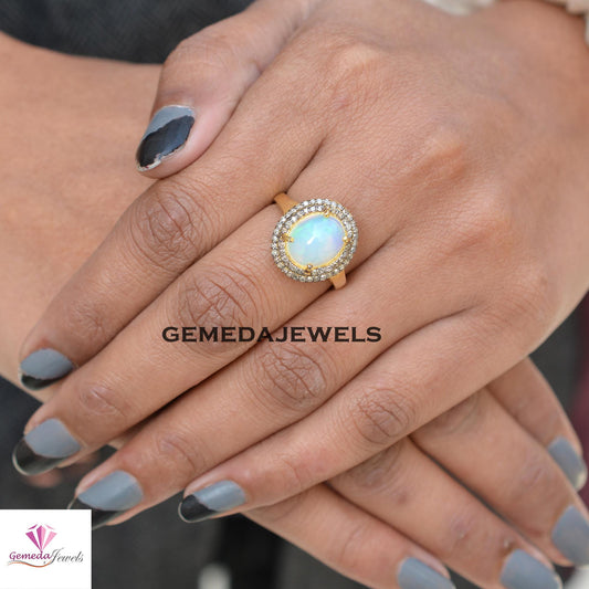 925 Silver Jewelry Genuine Opal Gemstone Ring, Pave Diamond Ring Yellow Gold Vermeil Jewelry, Gemstone Diamond Jewelry, Valentine's Gift