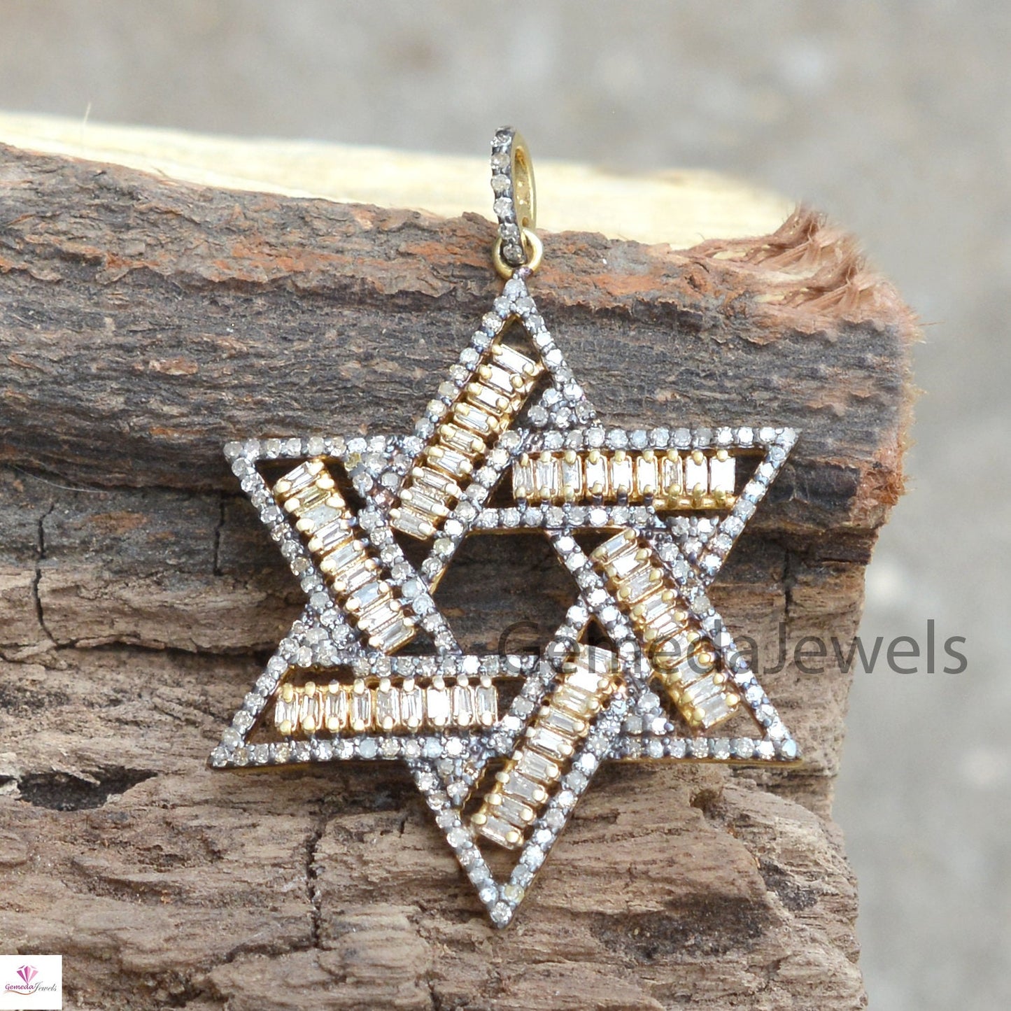 Sale Baguette Diamond Star Pendant, Pave Diamond Handmade Jewelry, 925 Silver Pendant, Star of David Pendant Necklace, 16" Link Chain, Gifts