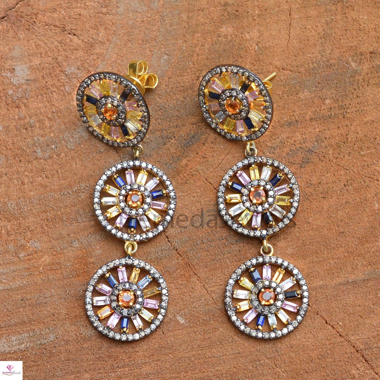 Multi Sapphire Earrings, Pave Diamond Disc Earrings, 925 Silver Jewelry, Gold Vermeil Earrings, Designer Dangle Earring, Valentine Day Gifts