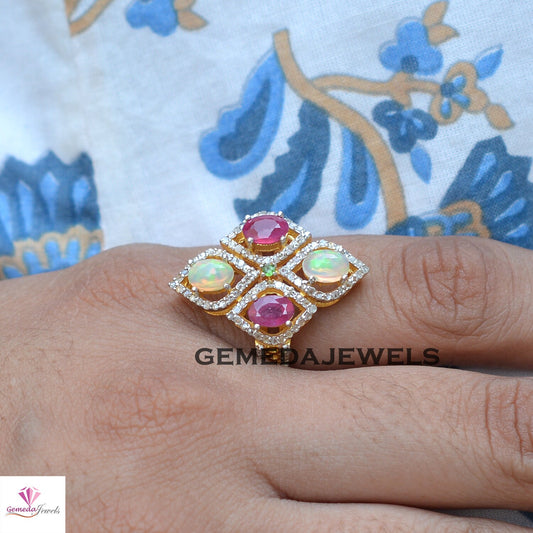 Opal Gemstone Ring, Ruby Silver Ring, Pave Diamond Jewelry, Sterling Silver Jewelry, Gemstone Diamond Ring, 14k Vermeil Plated Jewelry, Gift
