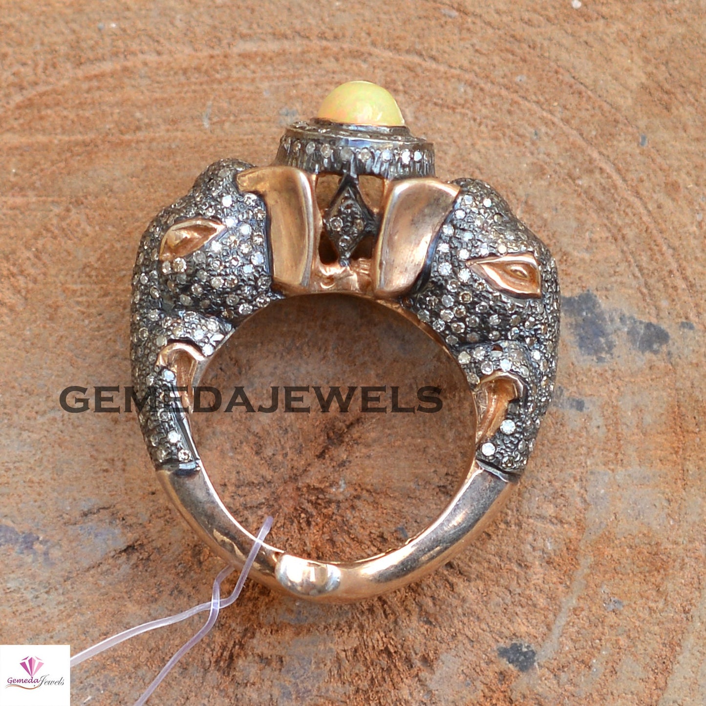 Opal Elephant Ring, Pave Diamond Jewelry, 925 Silver Rose Gold Plated Ring, Genuine Gemstone Jewelry, Animal Diamond Ring, Unisex Jewelry
