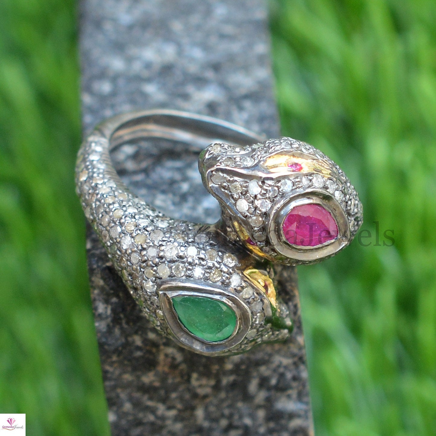 Sale! Natural Ruby Emerald Snake Ring, Pave Setting Diamond Jewelry, Red Eyes Diamond Silver Snake Jewelry, Gemstone Ring, Jewelry For Women