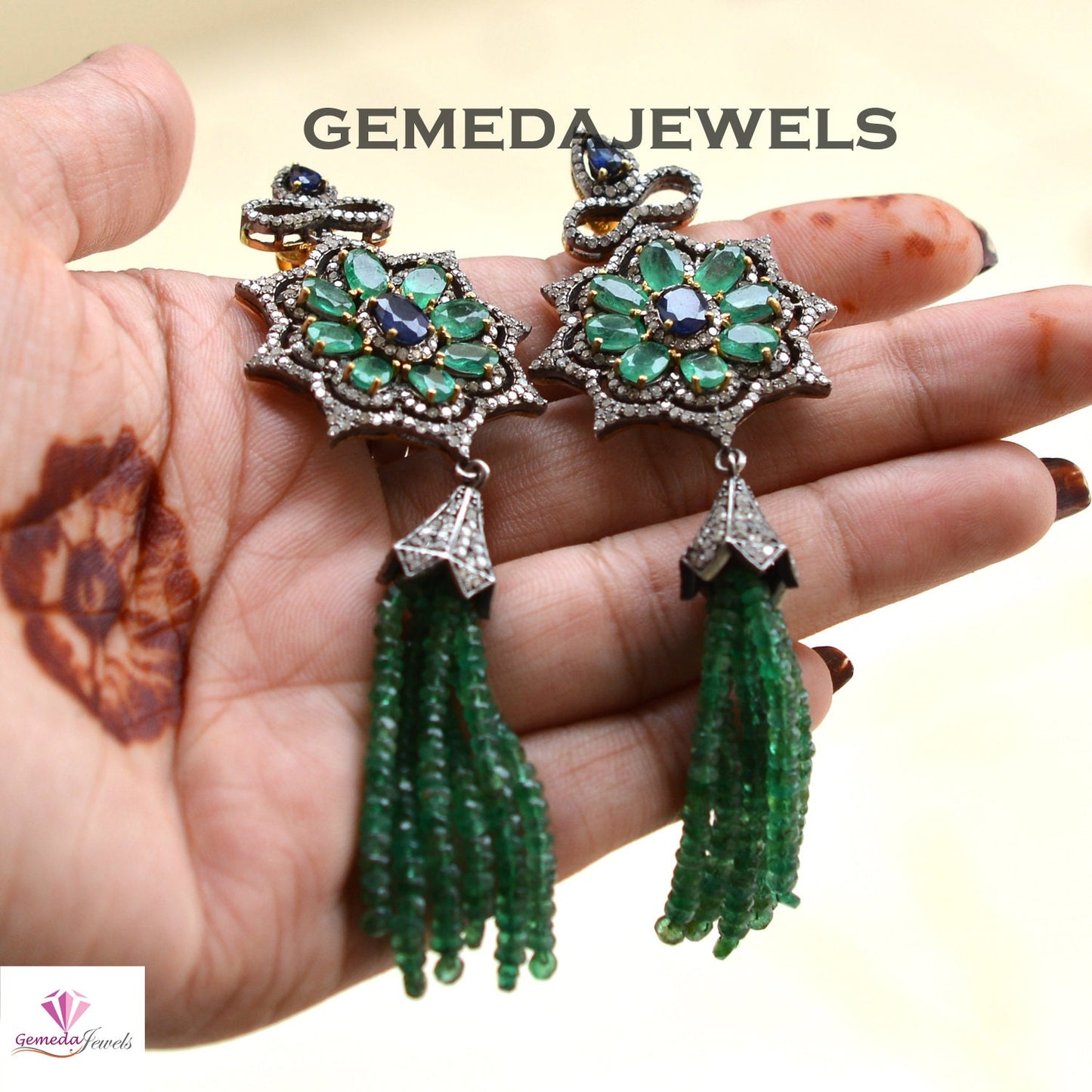 Sapphire Floral Earrings, Emerald Tassel Beads Earring Jewelry, Gemstone Earrings Jewelry, Pave Diamond Jewelry, Solid 925 Silver Earrings