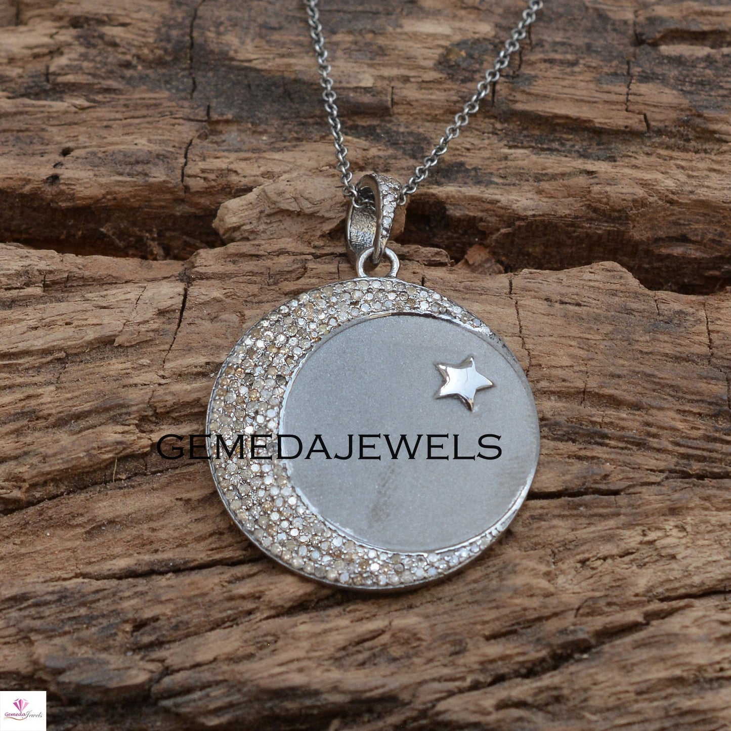 Pave Diamond Pendant, Diamond Crescent Moon Charm Pendant, 925 Silver Star Jewelry, Diamond Necklace, 16" Silver Chain, Wedding Jewelry