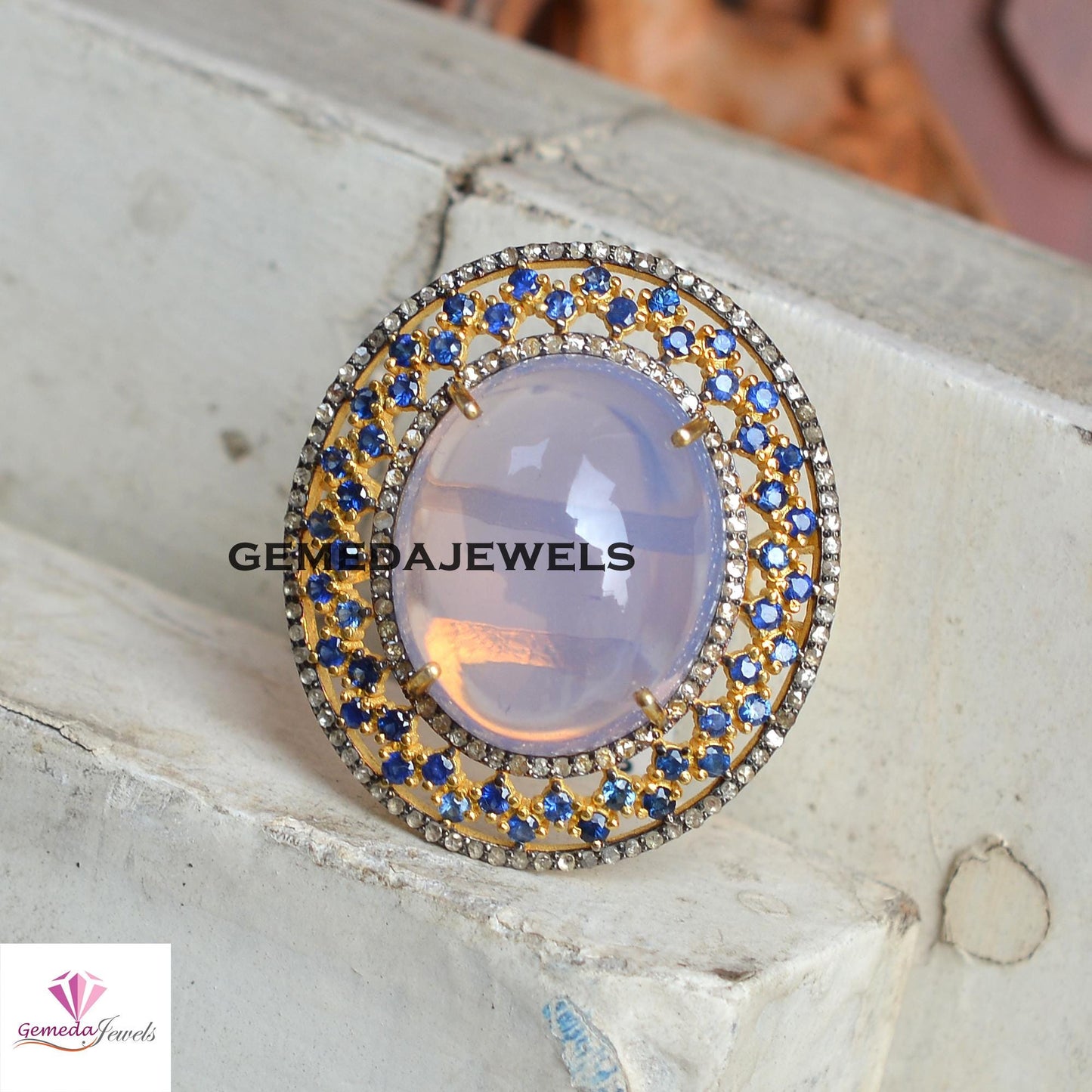 Natural Morganite Ring, Sapphire Ring Jewelry, Pave Diamond Ring, Gemstone Diamond Jewelry, 925 Silver 14k Gold Plated Ring, Wedding Gift