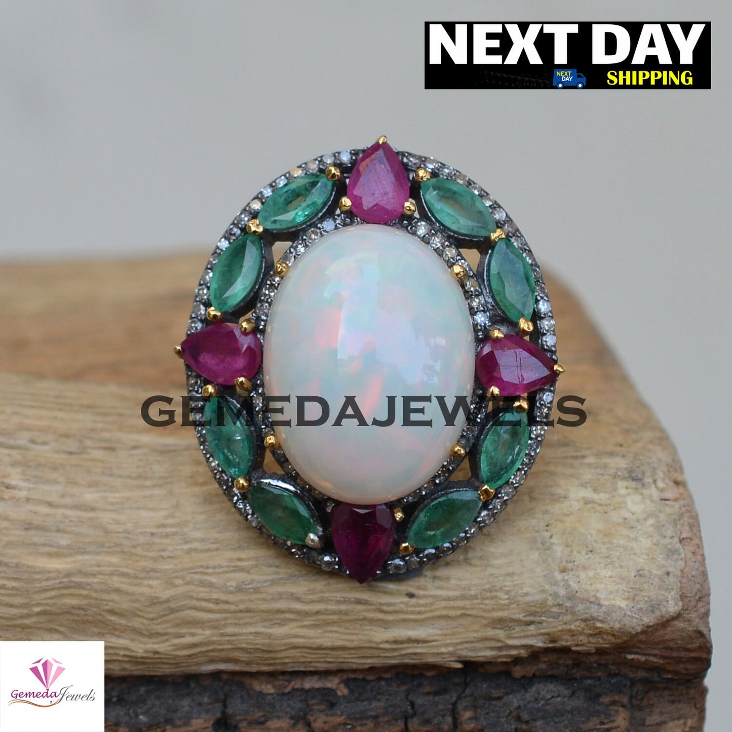 Genuine Opal Floral Ring, Pave Diamond Ring, 925 Sterling Silver Ring, Rhodium Plated Jewelry, Ruby Gemstone Ring, Emerald Silver Ring, Gift
