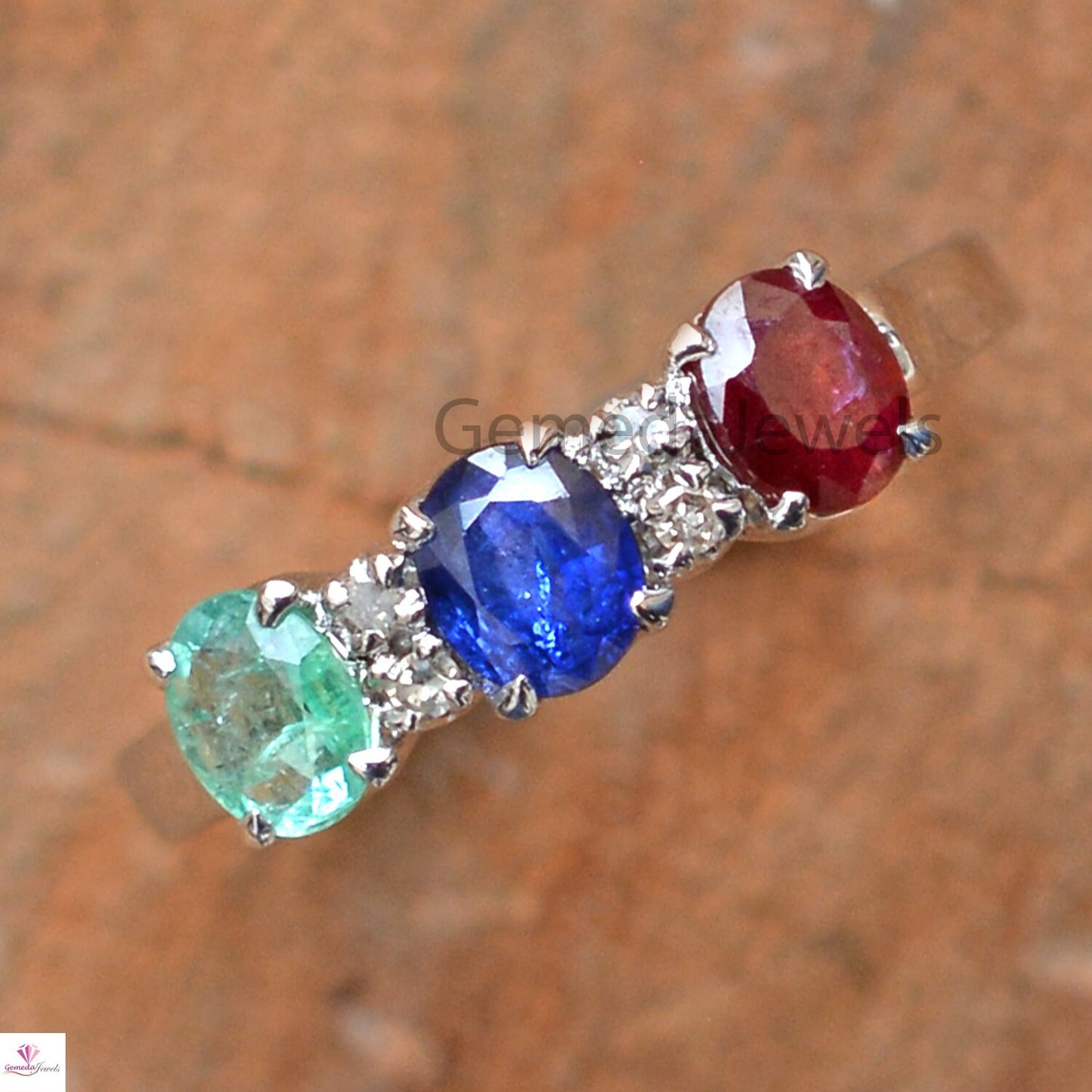 Natural Faceted Gemstone Ring, Emerald Ruby Sapphire Ring, Diamond Silver Ring, Gemstone Band Ring, 925 Silver Jewelry, Valentine Day Gift