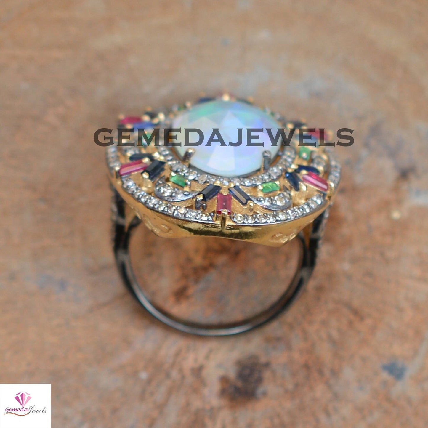 Genuine Opal Silver Ring, Pave Diamond Jewelry, Baguette Gemstone Ring, Multi Stone Jewelry, 14k Gold Vermeil Ring JEWELLERY, Gift For Her