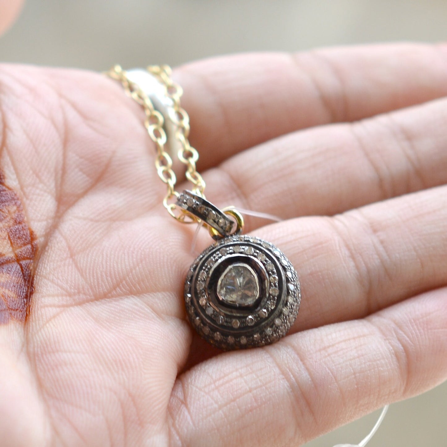 Polki Diamond Pendant, 14k Gold Plated Jewelry, Pave 925 Silver Pendant, Round Shape Pendant, 16" Silver Link Chain Necklace Pendant, Gift