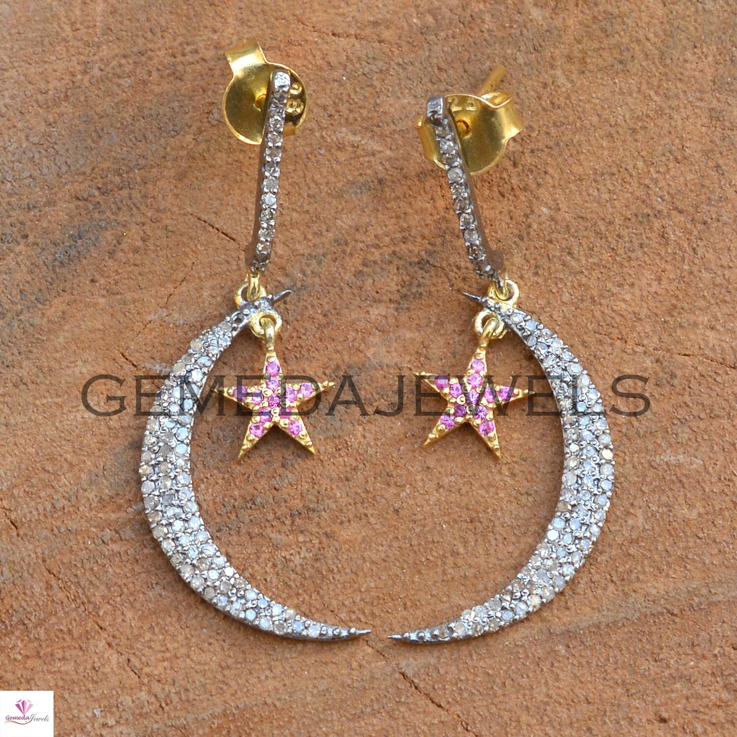 Pave Diamond Crescent Moon Earring, 925 Silver Gold Jewelry, Ruby Gemstone Star Earrings, Handmade Earrings, Gift For her, Bridesmaid Gift