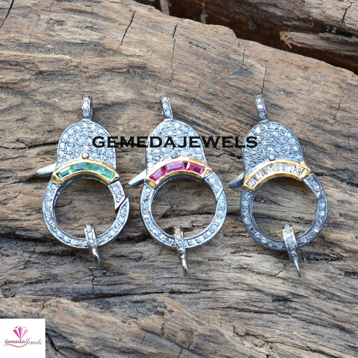 Sale Emerald Silver Lock, Pave Diamond Lock, Ruby Gemstone Clasp, Baguette Diamond Lobster Claw, 925 Silver Jewelry, Diamond Finding Jewelry