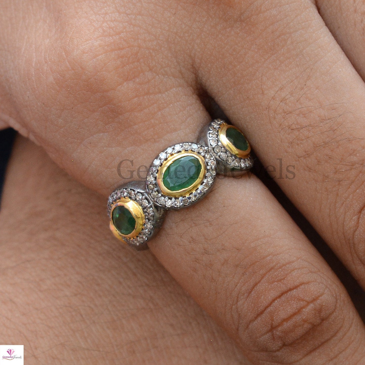 Sale! Emerald Gemstone Silver Ring, Oxidized 925 Silver Jewelry, Pave Diamond Band Ring, Gemstone Eternity Band Ring, Diamond Silver Jewelry