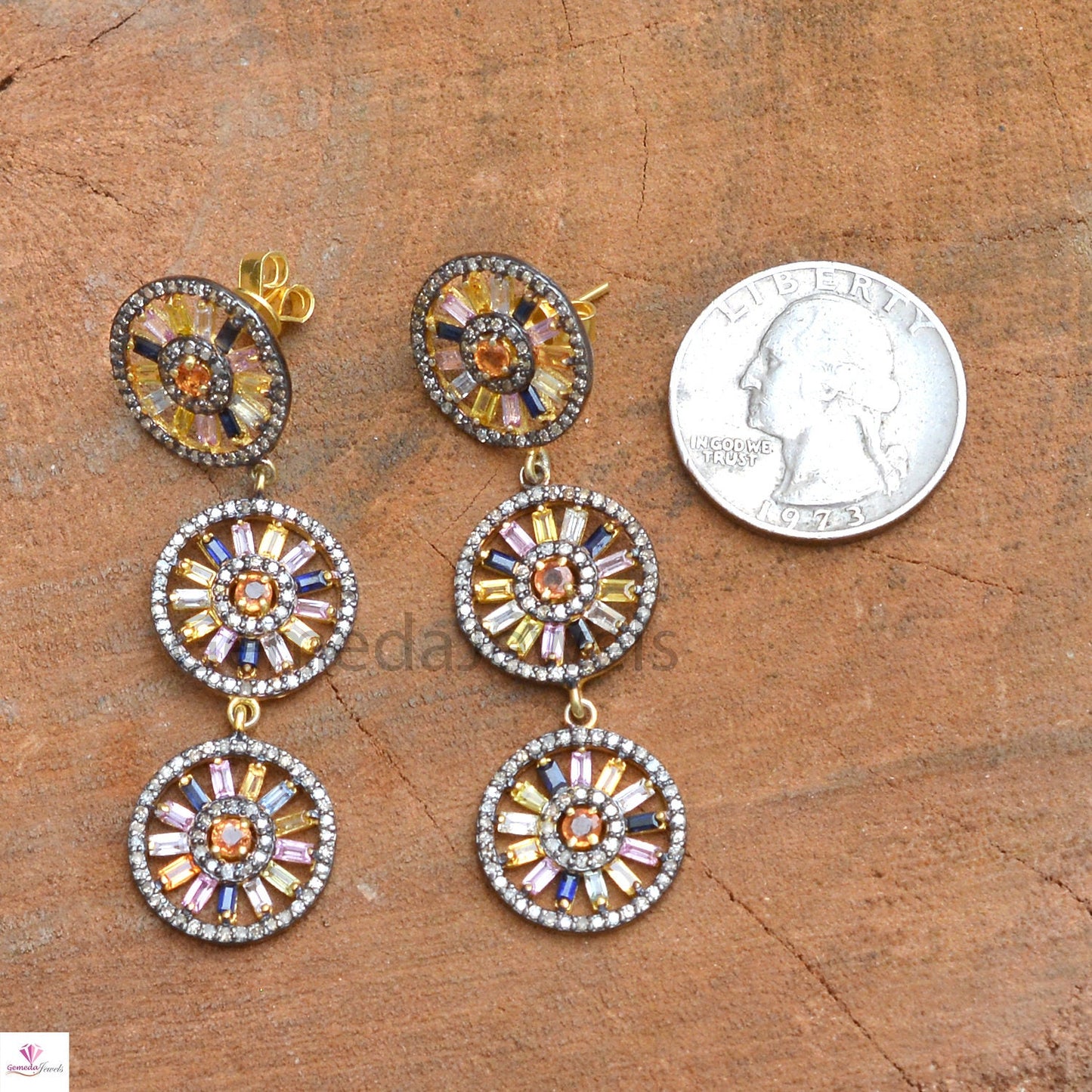 Multi Sapphire Earrings, Pave Diamond Disc Earrings, 925 Silver Jewelry, Gold Vermeil Earrings, Designer Dangle Earring, Valentine Day Gifts