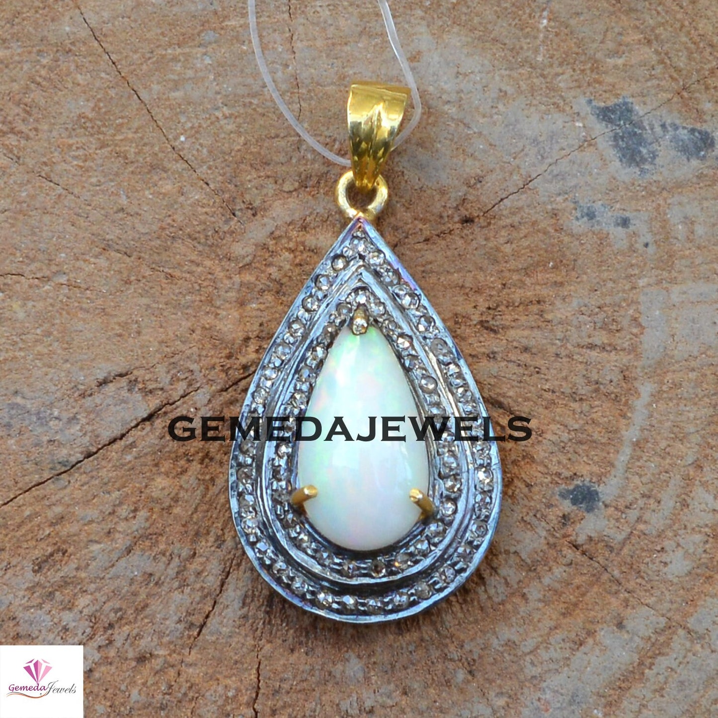 Natural Opal Pendant, Pave Diamond Jewelry, Gemstone Silver Pendant, 925 Silver Jewelry, Gold Plated Pendant, 16" Chain Necklace Jewellery