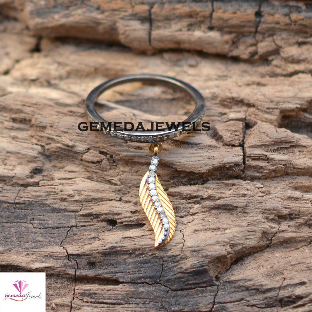 Pave Diamond Band Ring, 14k Gold Plated Leaf Connector Ring, 925 Sterling Silver Jewelry, Leaf Band Ring Jewelry, Diamond JEWELLERY, Gift