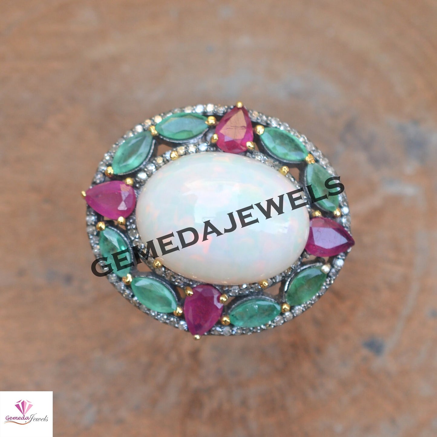 Genuine Opal Floral Ring, Pave Diamond Ring, 925 Sterling Silver Ring, Rhodium Plated Jewelry, Ruby Gemstone Ring, Emerald Silver Ring, Gift
