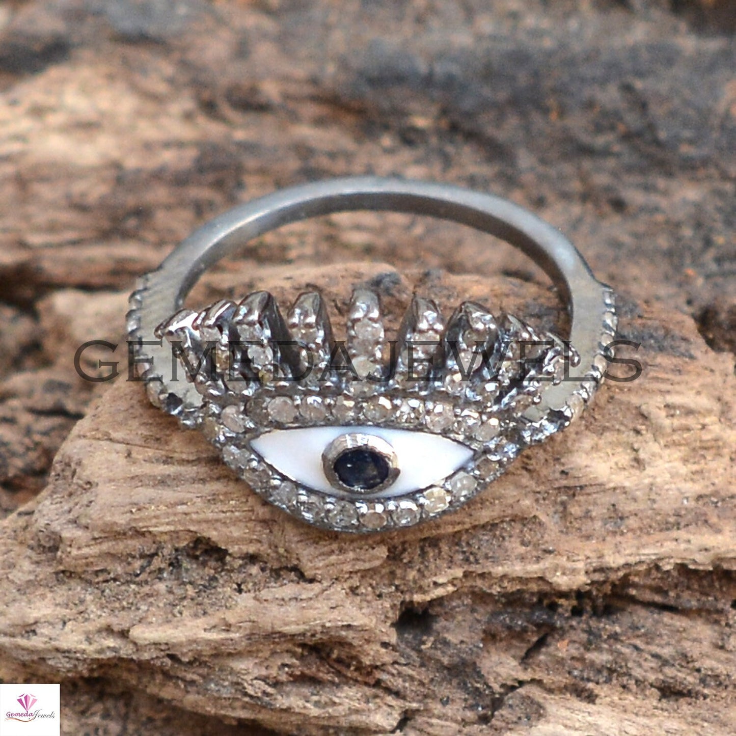 Blue Sapphire Ring, Pave Diamond Evil Eye Ring, 925 Silver Jewelry, Gemstone Diamond Ring, Stacking Ring, Minimalist Jewelry, Birthday Gift