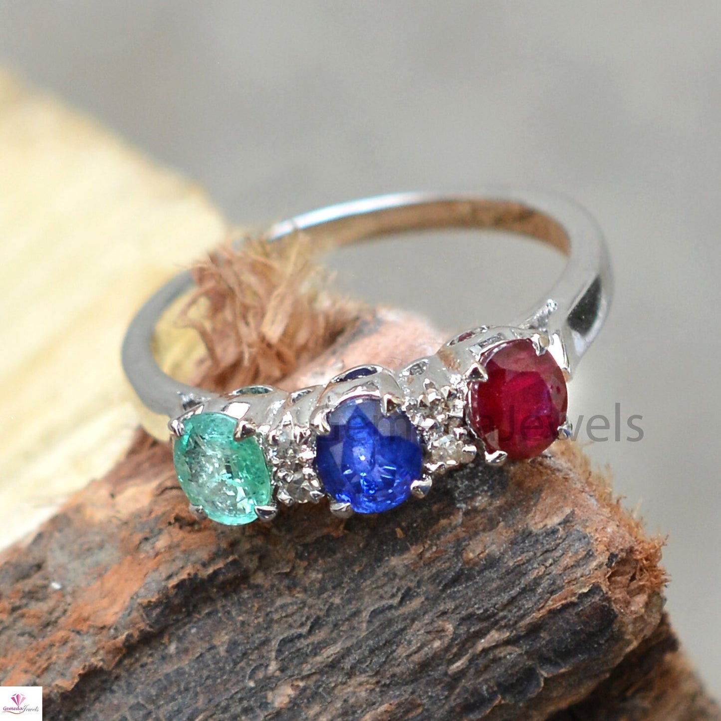 Natural Faceted Gemstone Ring, Emerald Ruby Sapphire Ring, Diamond Silver Ring, Gemstone Band Ring, 925 Silver Jewelry, Valentine Day Gift