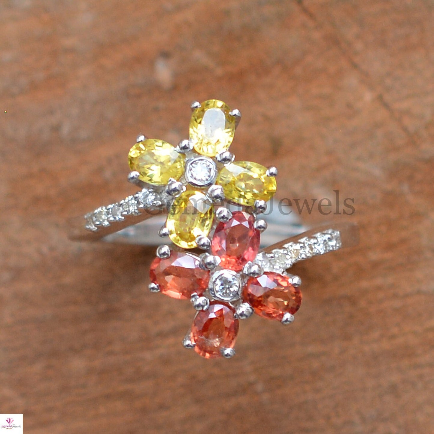 Genuine Multi Sapphire Diamond Ring, Flower Gemstone Ring, Pave Diamond Jewelry, Sterling Silver Jewelry, Minimalist Ring, Anniversary Gift