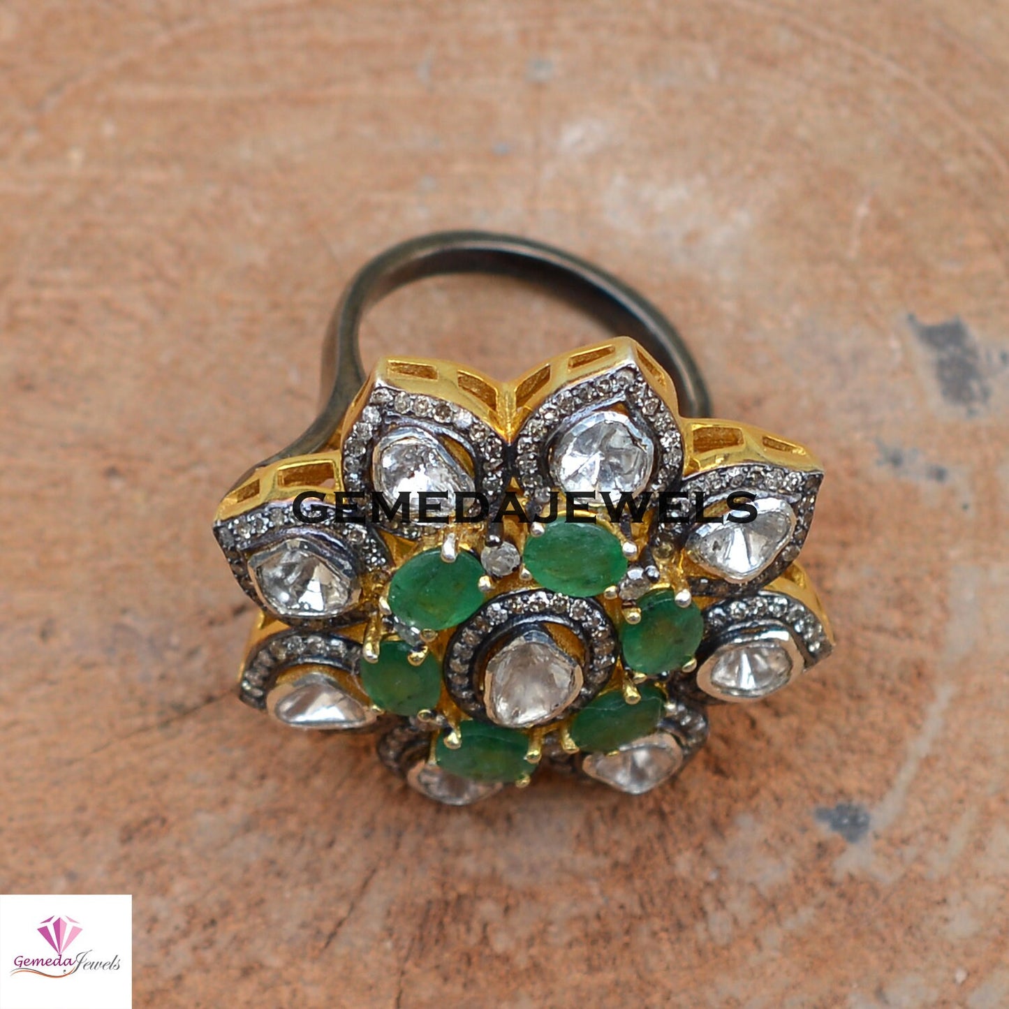 Polki Diamond Floral Ring, Emerald Silver Ring, Pave Diamond Jewelry, Sterling Silver Ring, Gold Vermeil Jewelry, Wedding Gift JEWELLERY