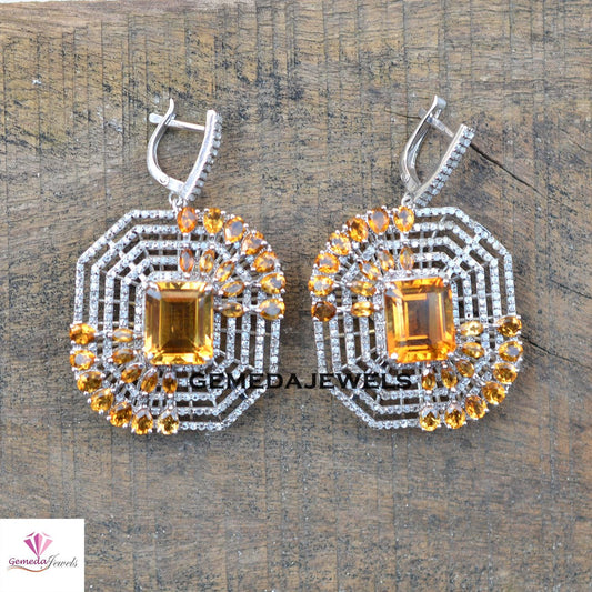 Charming Citrine Gemstone Earrings, Solid 925 Silver Jewelry, Pave Diamond Jewelry, Gemstone Silver Earring, Christmas Gift, Gift For Her
