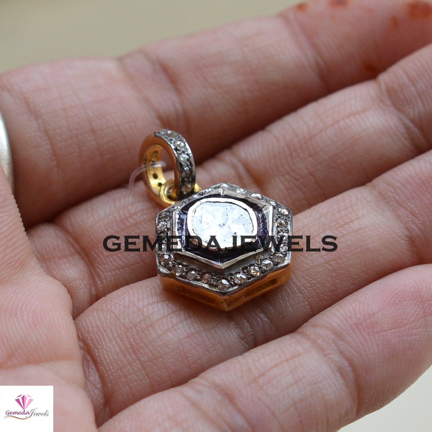 Sale! Rose Cut Polki Diamond Pendant, Yellow Vermeil 925 Silver Pendant, 16" Silver Link Chain Pendant, Hexagon Shape Jewelry, Gift For her