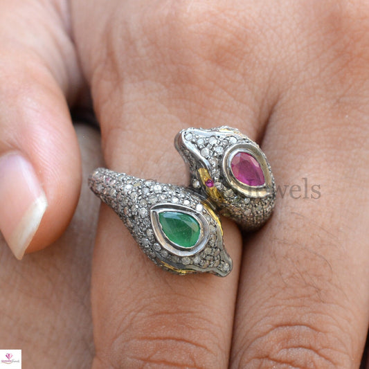 Sale! Natural Ruby Emerald Snake Ring, Pave Setting Diamond Jewelry, Red Eyes Diamond Silver Snake Jewelry, Gemstone Ring, Jewelry For Women