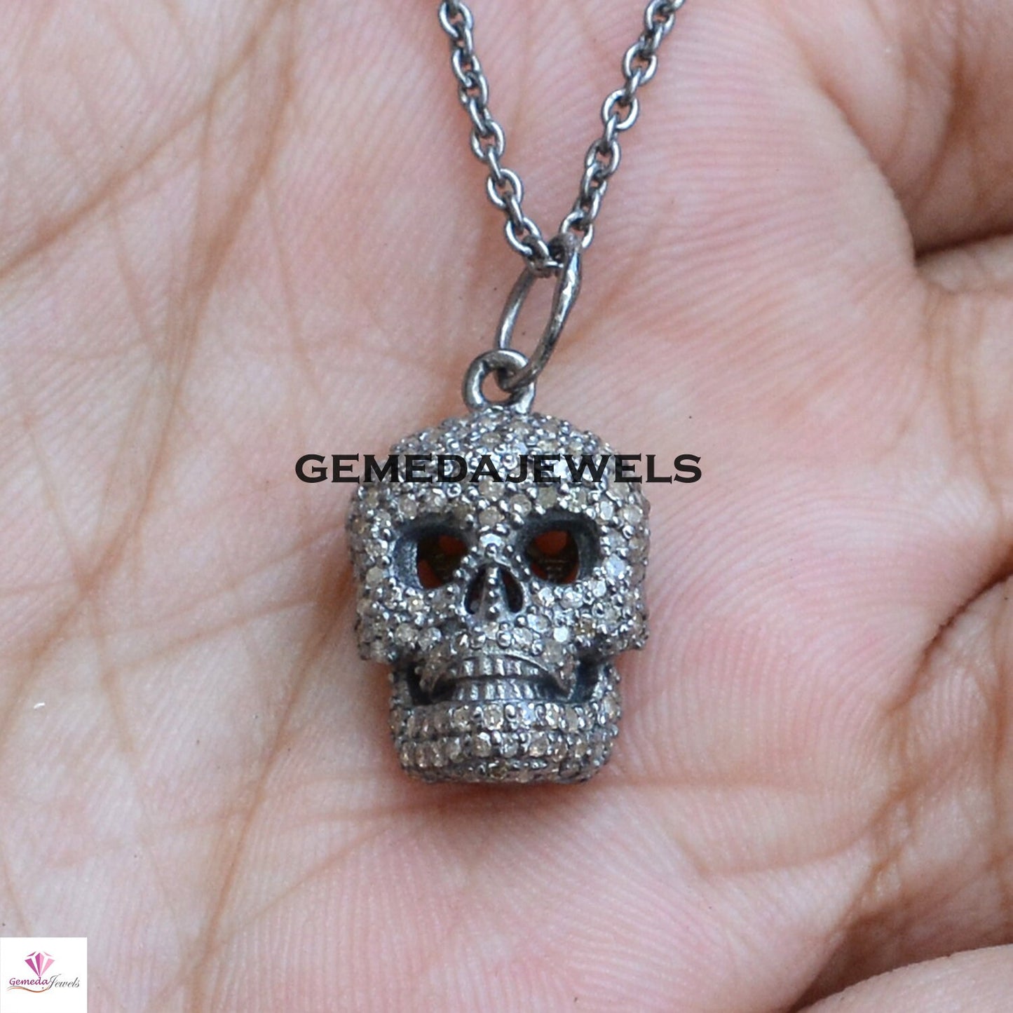 Pave Diamond Skull Pendant, 925 Sterling Silver Jewelry, Silver Skull Jewelry, Diamond Jewellery, 16" Link Chain Necklace, Halloween Jewelry