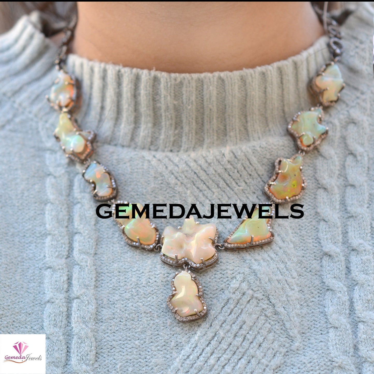 Sale Opal Gemstone Necklace, Pave Diamond Earrings, Opal Necklace Earrings Jewelry Set, 925 Solid Silver, 18" Silver Link Chain Necklace